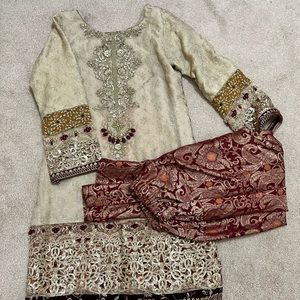 Worn once Maria B embroidered maroon and gold embellished two piece dress.